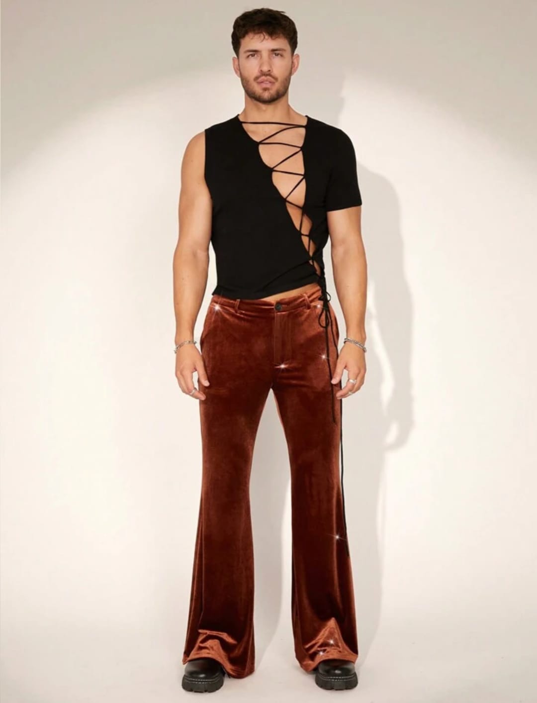 Men's Brown Velvet Flared Pants – Retro Wide-Leg Fashion Trousers
